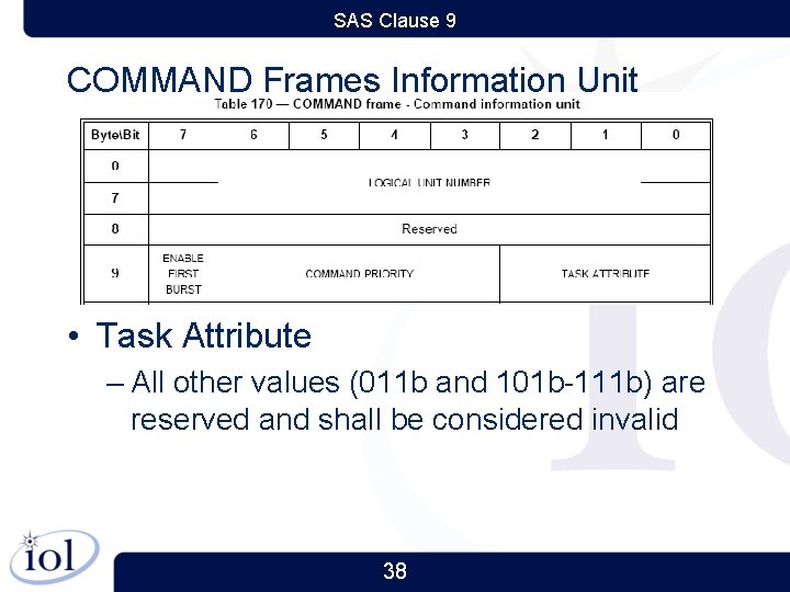 SAS Clause 9 COMMAND Frames Information Unit • Task Attribute – All other values