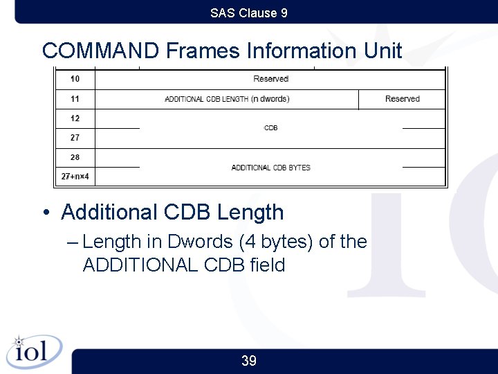 SAS Clause 9 COMMAND Frames Information Unit • Additional CDB Length – Length in