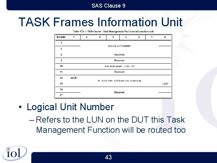 SAS Clause 9 TASK Frames Information Unit • Logical Unit Number – Refers to