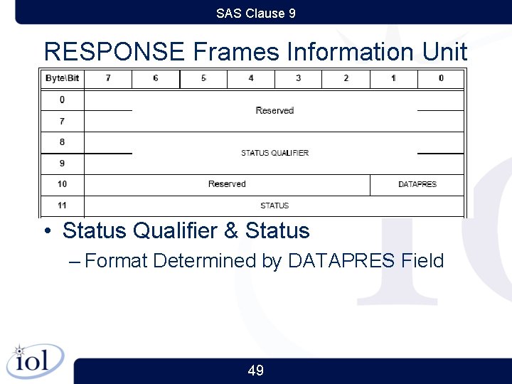 SAS Clause 9 RESPONSE Frames Information Unit • Status Qualifier & Status – Format