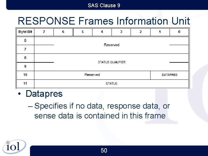 SAS Clause 9 RESPONSE Frames Information Unit • Datapres – Specifies if no data,