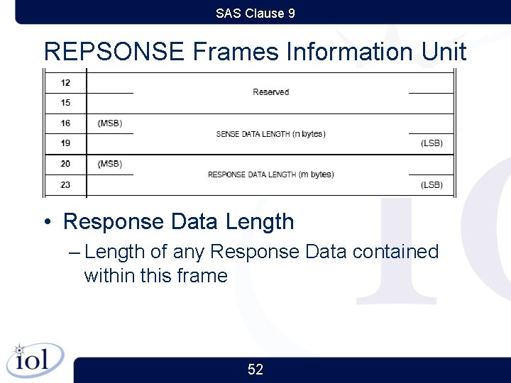 SAS Clause 9 REPSONSE Frames Information Unit • Response Data Length – Length of