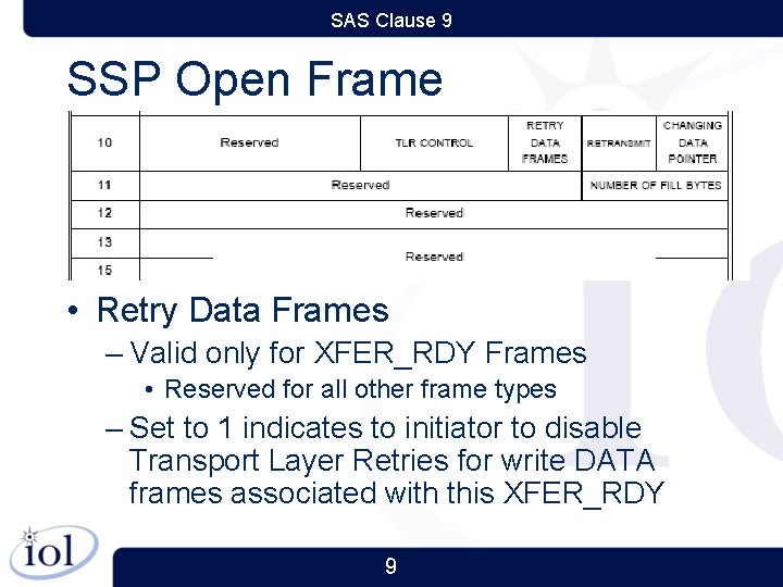 SAS Clause 9 SSP Open Frame • Retry Data Frames – Valid only for