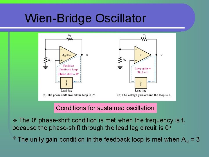 Wien-Bridge Oscillator Conditions for sustained oscillation v The 0 o phase-shift condition is met Wien-Bridge Oscillator Conditions for sustained oscillation v The 0 o phase-shift condition is met
