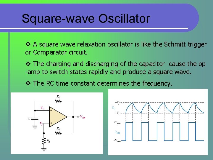 Square-wave Oscillator v A square wave relaxation oscillator is like the Schmitt trigger or Square-wave Oscillator v A square wave relaxation oscillator is like the Schmitt trigger or