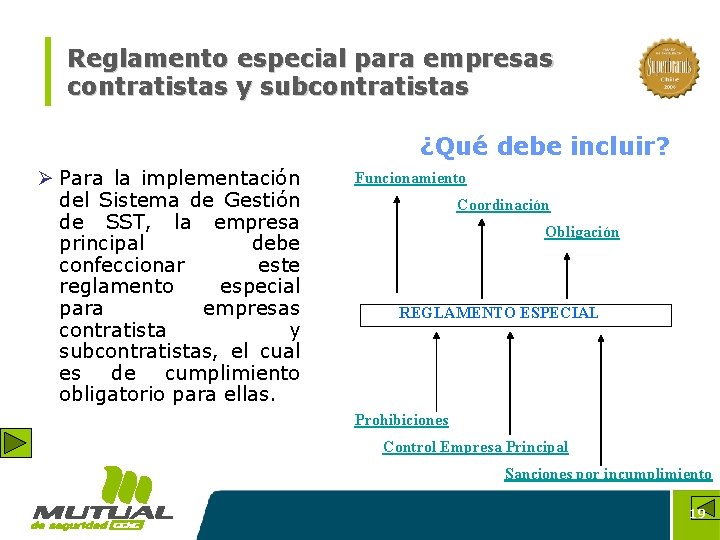 Reglamento especial para empresas contratistas y subcontratistas ¿Qué debe incluir? Ø Para la implementación