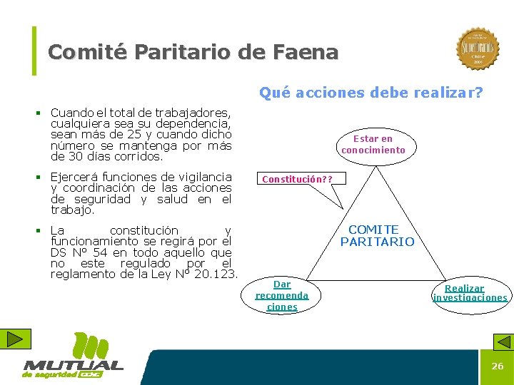 Comité Paritario de Faena Qué acciones debe realizar? § Cuando el total de trabajadores,