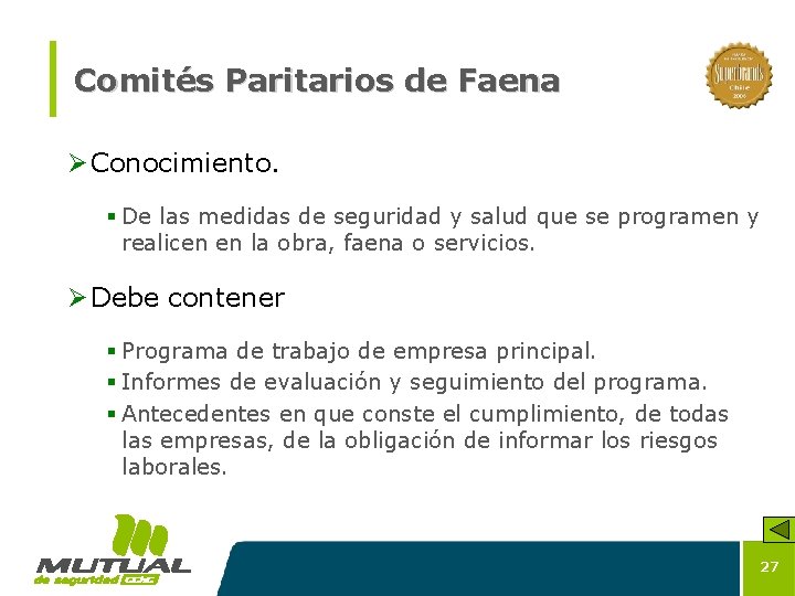 Comités Paritarios de Faena Ø Conocimiento. § De las medidas de seguridad y salud