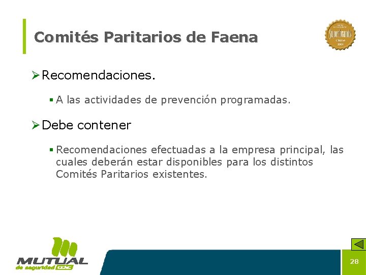 Comités Paritarios de Faena Ø Recomendaciones. § A las actividades de prevención programadas. Ø