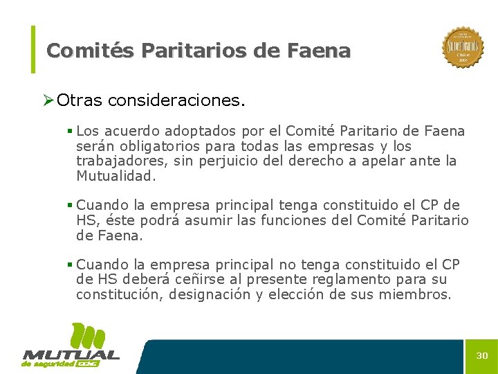 Comités Paritarios de Faena Ø Otras consideraciones. § Los acuerdo adoptados por el Comité