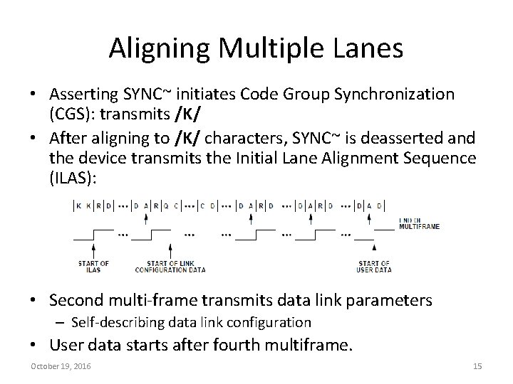 Aligning Multiple Lanes • Asserting SYNC~ initiates Code Group Synchronization (CGS): transmits /K/ •