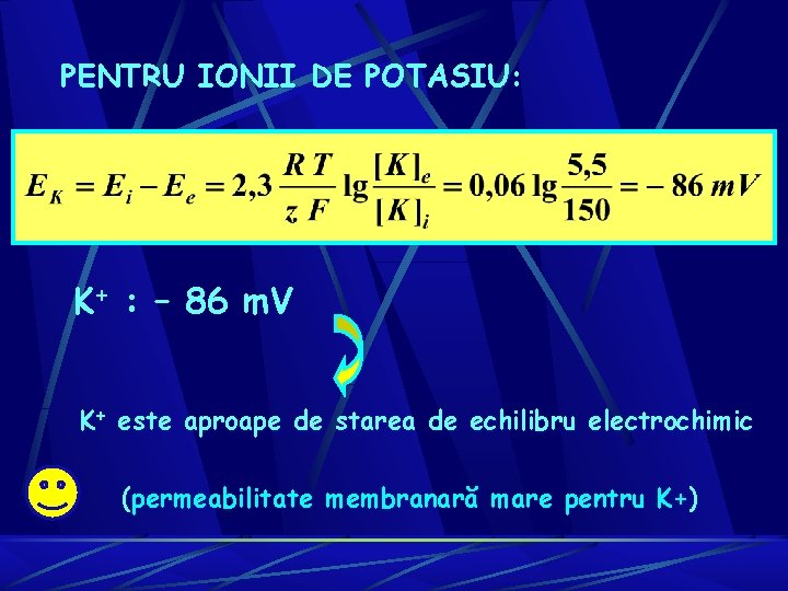 PENTRU IONII DE POTASIU: K+ : – 86 m. V K+ este aproape de PENTRU IONII DE POTASIU: K+ : – 86 m. V K+ este aproape de