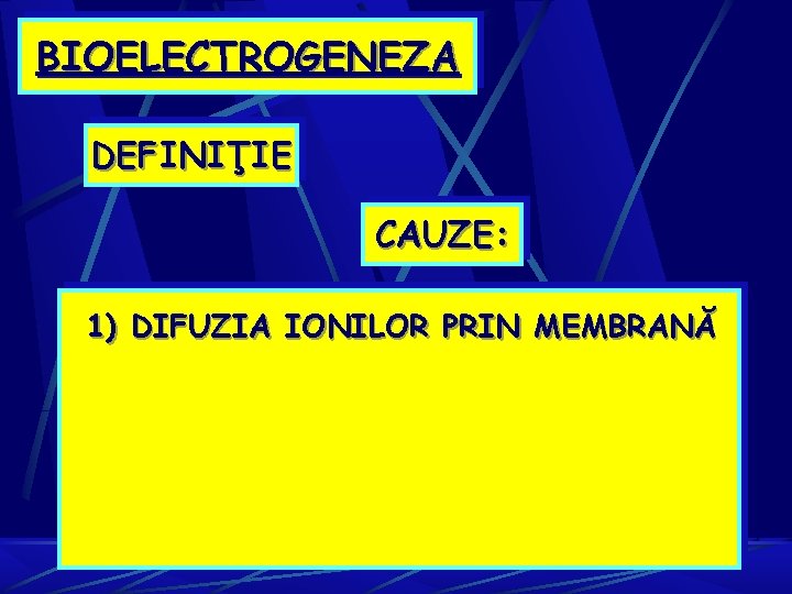 BIOELECTROGENEZA DEFINIŢIE CAUZE: 1) DIFUZIA IONILOR PRIN MEMBRANĂ 