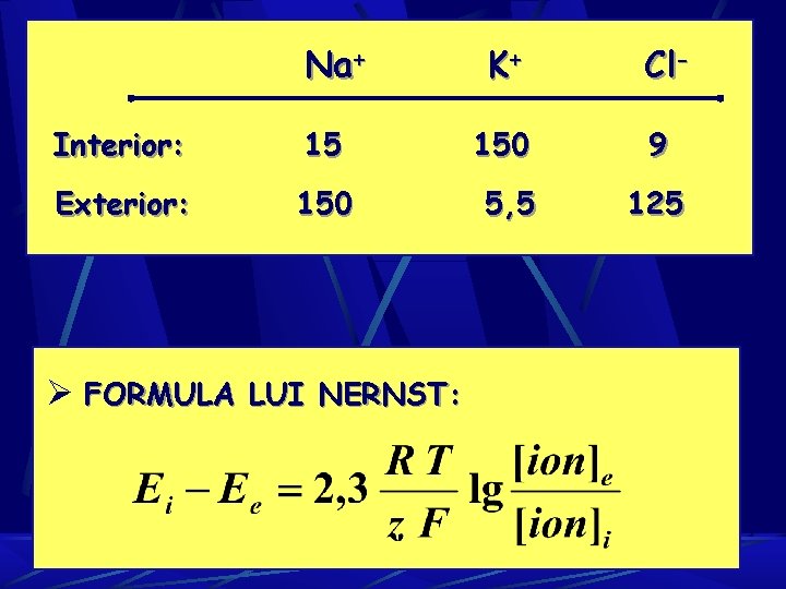 Na+ K+ Cl- Interior: 15 150 9 Exterior: 150 5, 5 125 Ø FORMULA