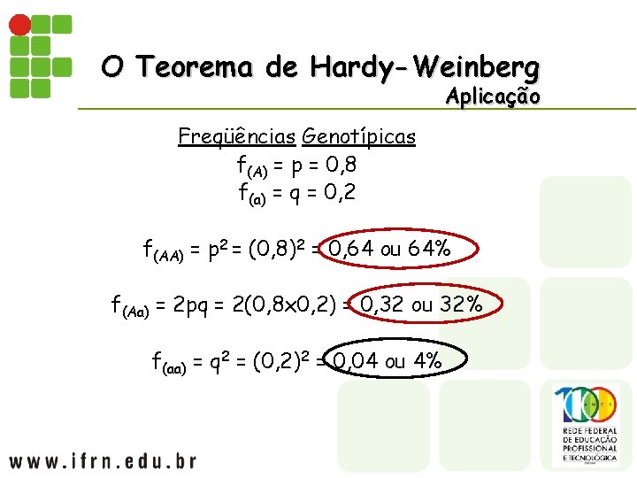 O Teorema de Hardy-Weinberg Aplicação Freqüências Genotípicas f(A) = p = 0, 8 f(a)