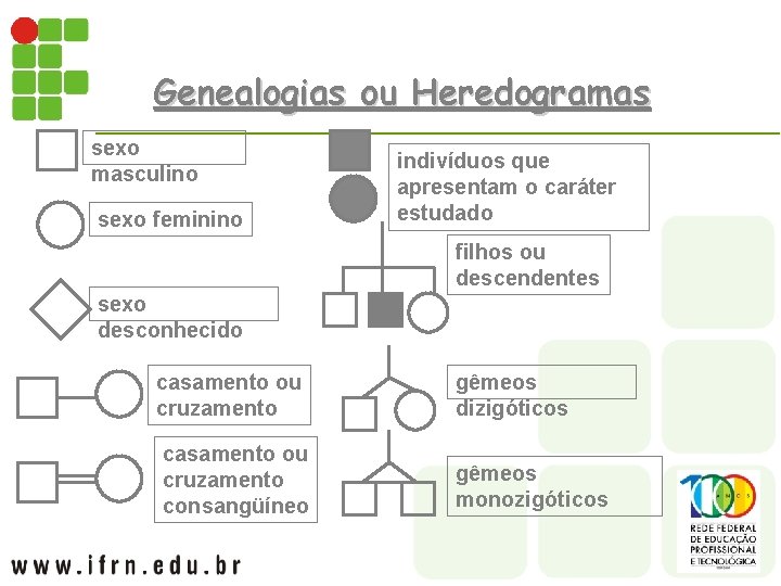 Genealogias ou Heredogramas sexo masculino sexo feminino indivíduos que apresentam o caráter estudado filhos
