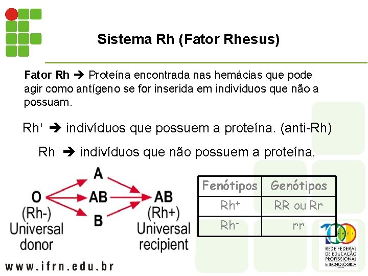 Sistema Rh (Fator Rhesus) Fator Rh Proteína encontrada nas hemácias que pode agir como
