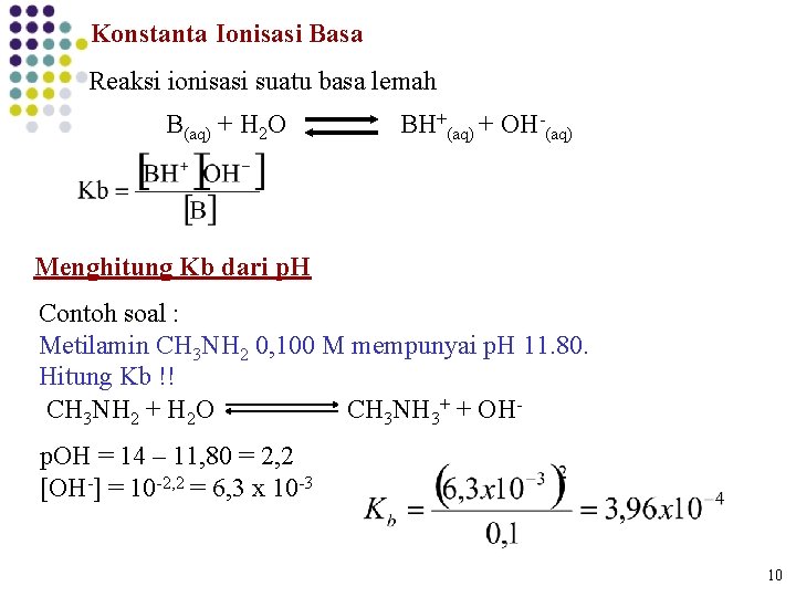 Konstanta Ionisasi Basa Reaksi ionisasi suatu basa lemah B(aq) + H 2 O BH+(aq)