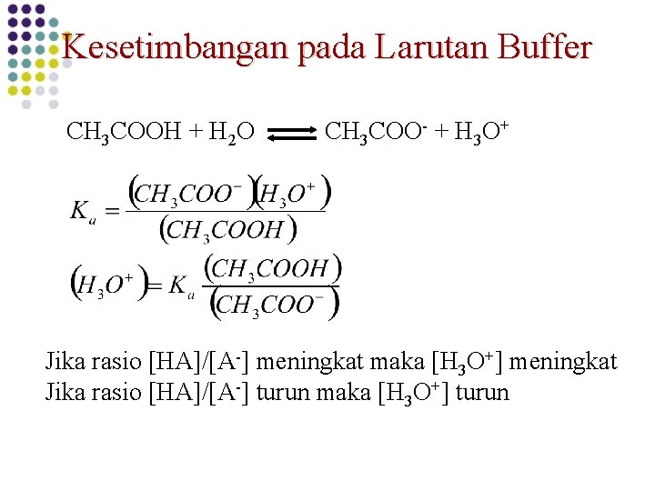 Kesetimbangan pada Larutan Buffer CH 3 COOH + H 2 O CH 3 COO-