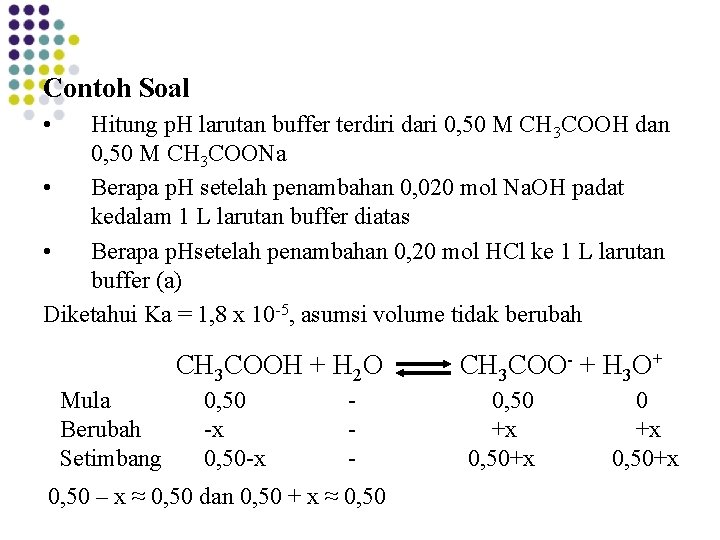 Contoh Soal • Hitung p. H larutan buffer terdiri dari 0, 50 M CH