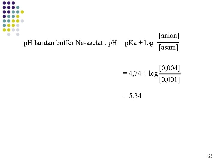 p. H larutan buffer Na-asetat : p. H = p. Ka + log =