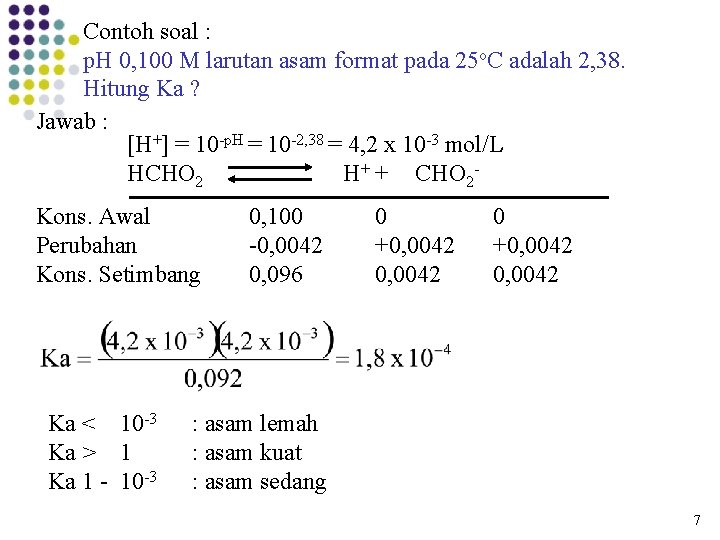 Contoh soal : p. H 0, 100 M larutan asam format pada 25 o.