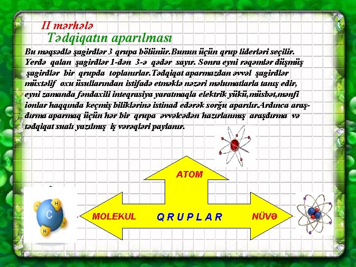 II mərhələ Tədqiqatın aparılması Bu məqsədlə şagirdlər 3 qrupa bölünür. Bunun üçün qrup liderləri