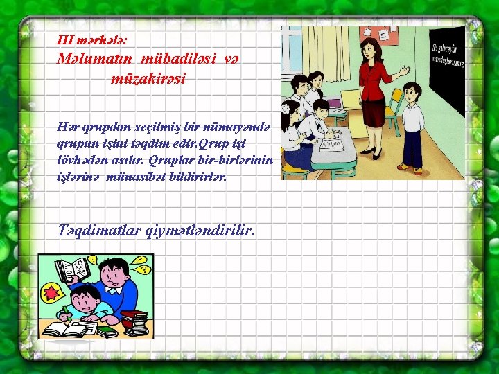 III mərhələ: Məlumatın mübadiləsi və müzakirəsi Hər qrupdan seçilmiş bir nümayəndə qrupun işini təqdim