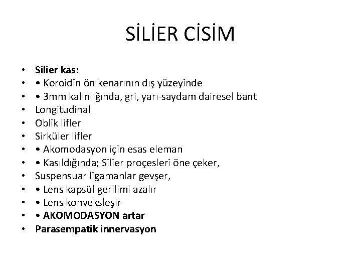 SİLİER CİSİM • • • • Silier kas: • Koroidin ön kenarının dış yüzeyinde