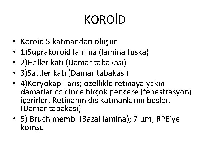 KOROİD Koroid 5 katmandan oluşur 1)Suprakoroid lamina (lamina fuska) 2)Haller katı (Damar tabakası) 3)Sattler