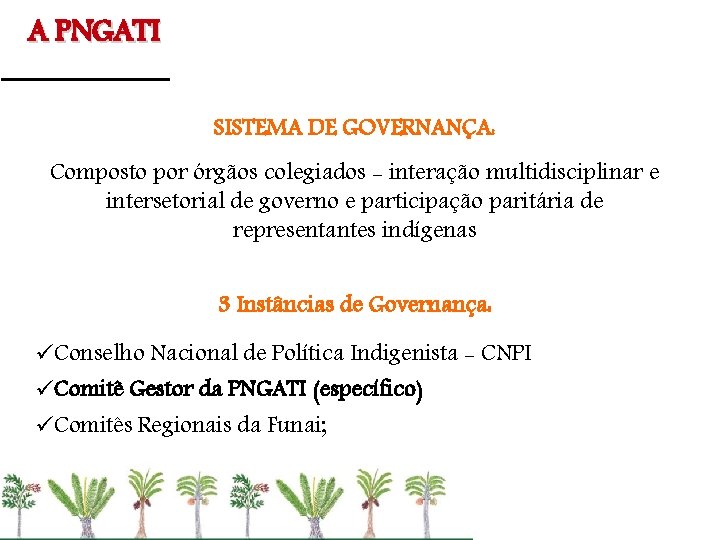 A PNGATI SISTEMA DE GOVERNANÇA: Composto por órgãos colegiados - interação multidisciplinar e intersetorial