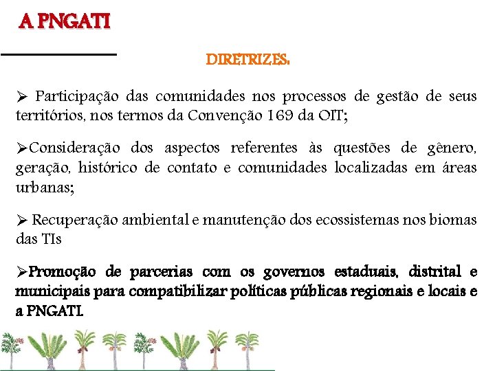 A PNGATI DIRETRIZES: Ø Participação das comunidades nos processos de gestão de seus territórios,