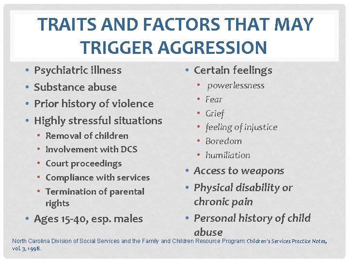  TRAITS AND FACTORS THAT MAY TRIGGER AGGRESSION • • Psychiatric illness Substance abuse