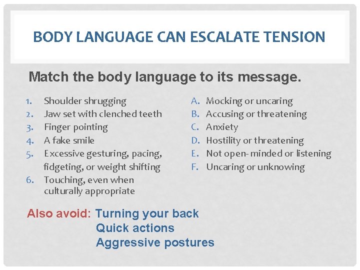 BODY LANGUAGE CAN ESCALATE TENSION Match the body language to its message. 1. Shoulder
