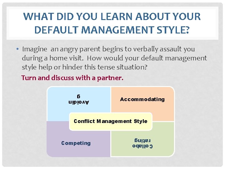 WHAT DID YOU LEARN ABOUT YOUR DEFAULT MANAGEMENT STYLE? • Imagine an angry parent