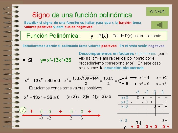 WINFUN Signo de una función polinómica Estudiar el signo de una función es hallar