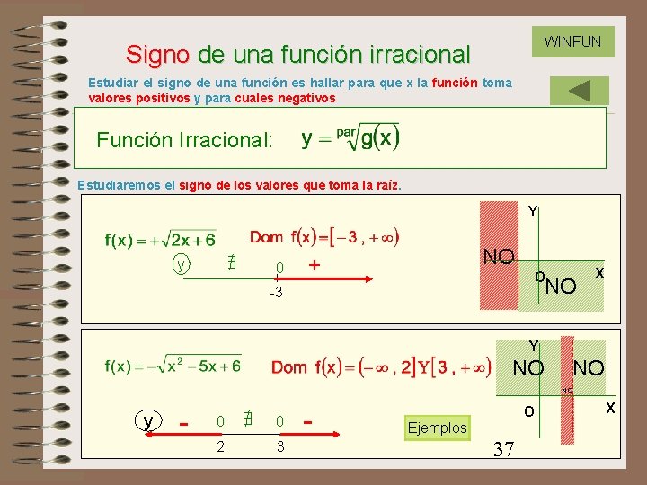 WINFUN Signo de una función irracional Estudiar el signo de una función es hallar