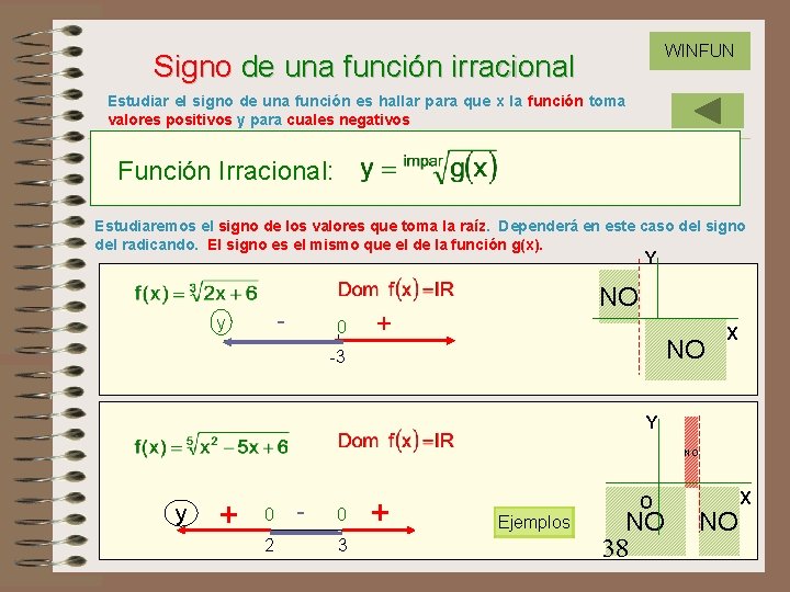 WINFUN Signo de una función irracional Estudiar el signo de una función es hallar