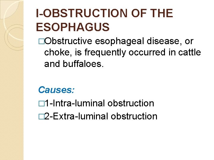 I-OBSTRUCTION OF THE ESOPHAGUS �Obstructive esophageal disease, or choke, is frequently occurred in cattle