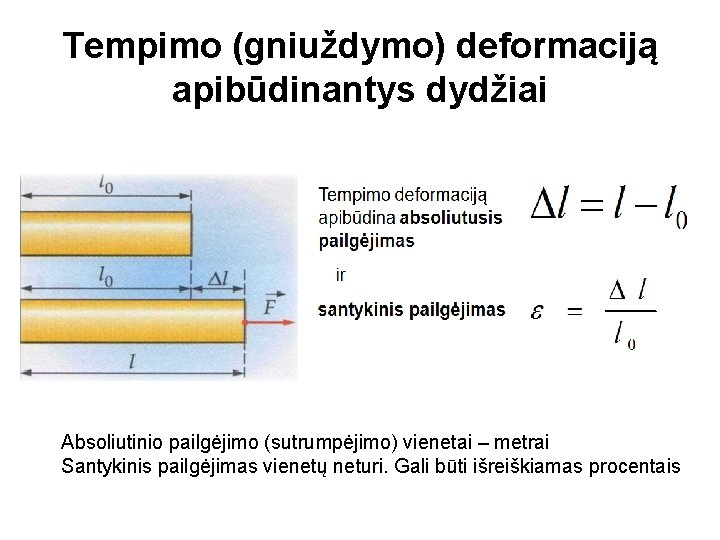 Tempimo (gniuždymo) deformaciją apibūdinantys dydžiai Absoliutinio pailgėjimo (sutrumpėjimo) vienetai – metrai Santykinis pailgėjimas vienetų