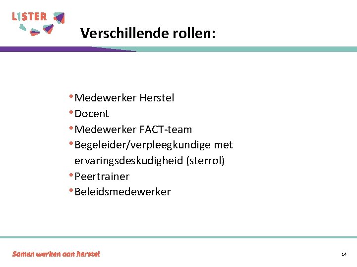 Verschillende rollen: • Medewerker Herstel • Docent • Medewerker FACT-team • Begeleider/verpleegkundige met ervaringsdeskudigheid