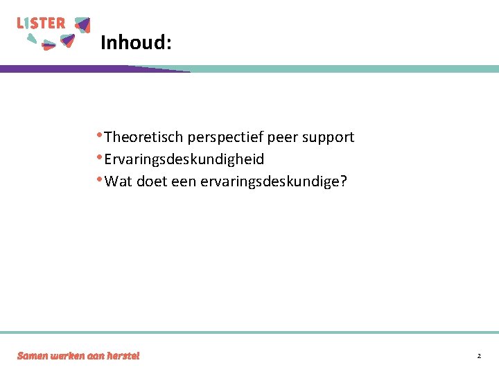 Inhoud: • Theoretisch perspectief peer support • Ervaringsdeskundigheid • Wat doet een ervaringsdeskundige? 2