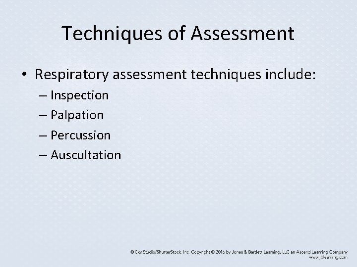Techniques of Assessment • Respiratory assessment techniques include: – Inspection – Palpation – Percussion Techniques of Assessment • Respiratory assessment techniques include: – Inspection – Palpation – Percussion