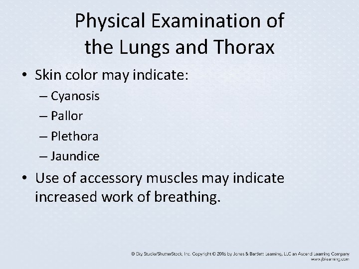 Physical Examination of the Lungs and Thorax • Skin color may indicate: – Cyanosis Physical Examination of the Lungs and Thorax • Skin color may indicate: – Cyanosis