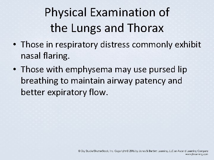 Physical Examination of the Lungs and Thorax • Those in respiratory distress commonly exhibit Physical Examination of the Lungs and Thorax • Those in respiratory distress commonly exhibit
