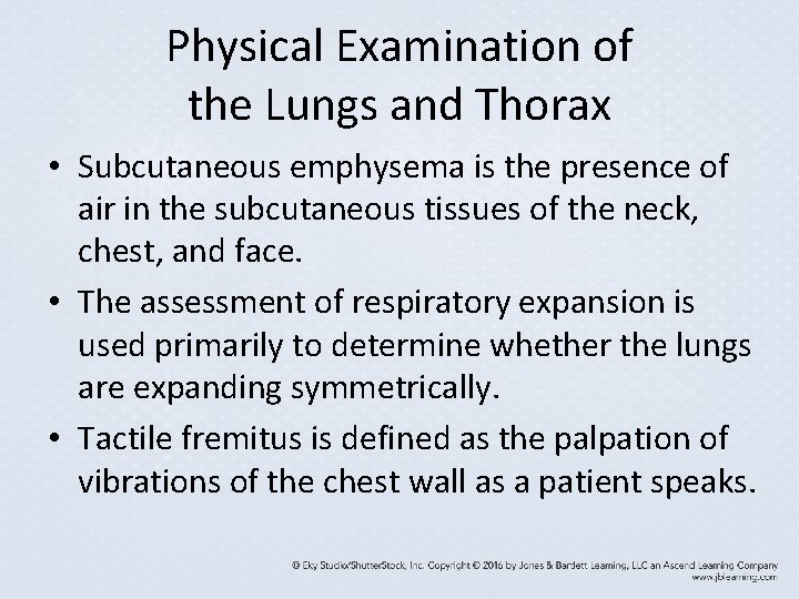 Physical Examination of the Lungs and Thorax • Subcutaneous emphysema is the presence of Physical Examination of the Lungs and Thorax • Subcutaneous emphysema is the presence of