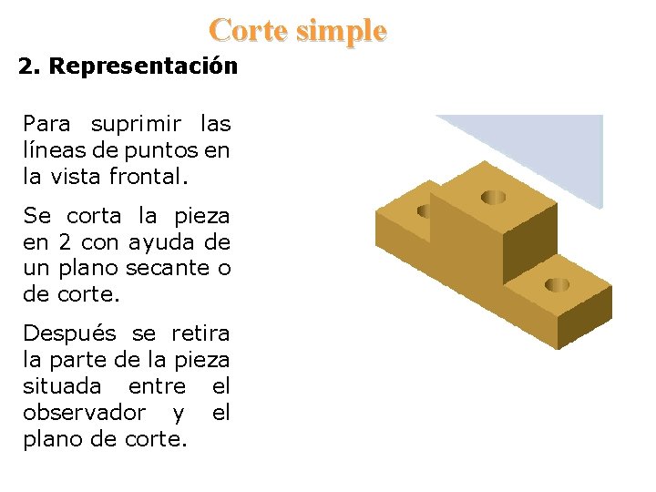 Corte simple 2. Representación Para suprimir las líneas de puntos en la vista frontal.