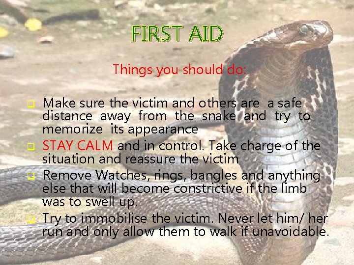 FIRST AID Things you should do: q q Make sure the victim and others