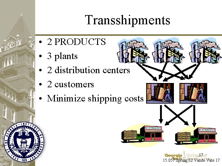 Transshipments • • • 2 PRODUCTS 3 plants 2 distribution centers 2 customers Minimize