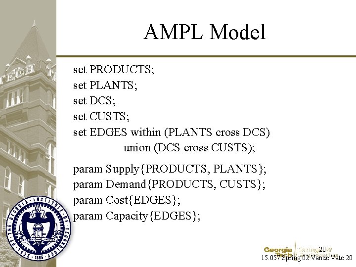 AMPL Model set PRODUCTS; set PLANTS; set DCS; set CUSTS; set EDGES within (PLANTS